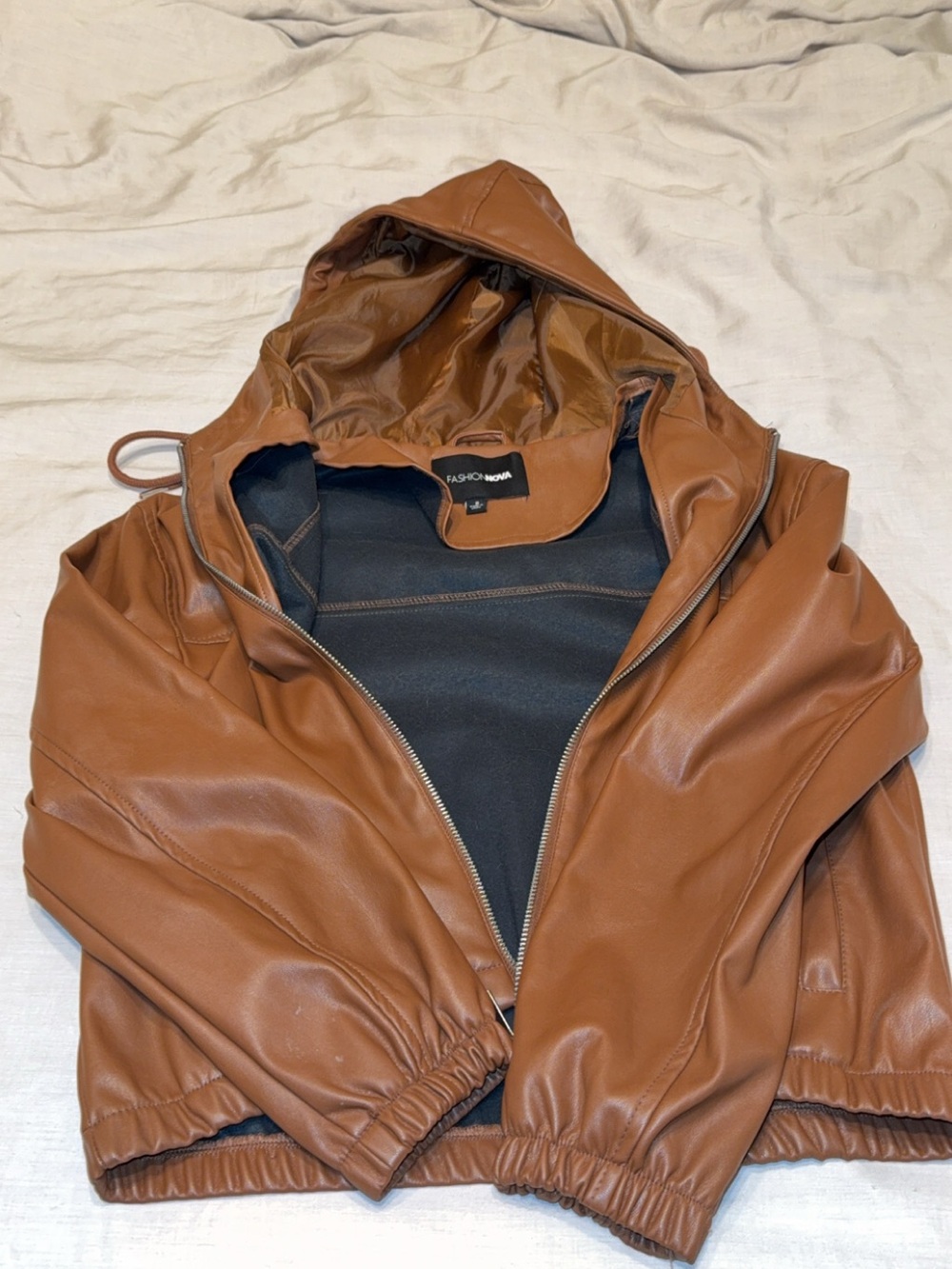 Fashion Nova Men's Tan Hooded Faux Leather Bomber Jacket